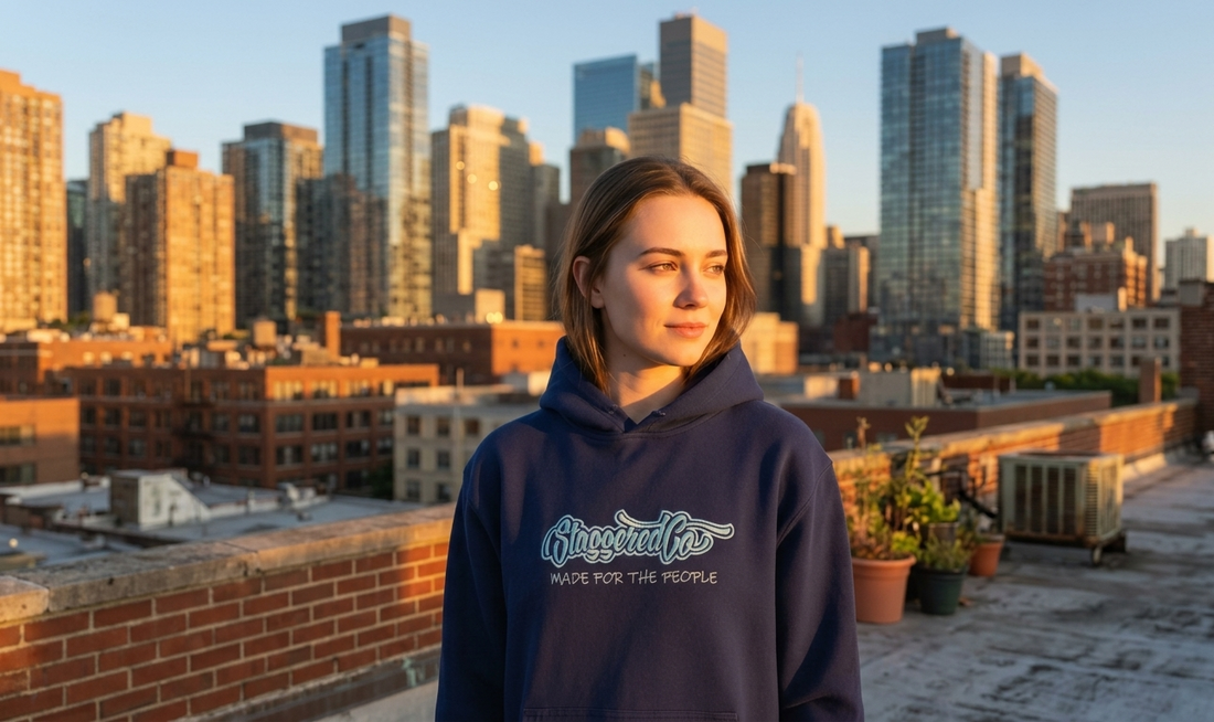 Lady in Blue StaggeredCo Hoodie standing on top of building at glowing hour with sun radiating on her and the city backdrop
